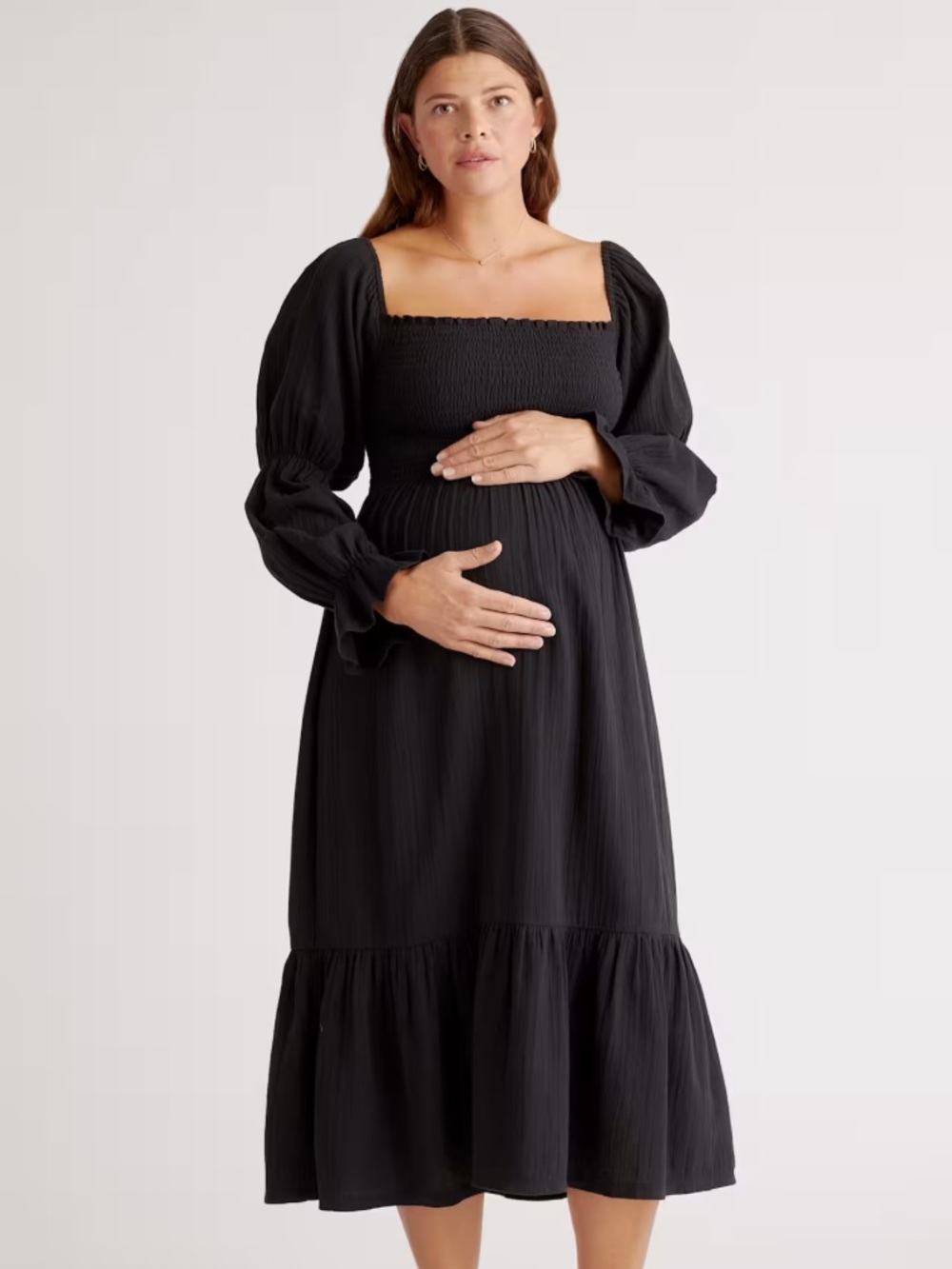 Quince 100% Organic Cotton Gauze Maternity Smocked Midi Dress Black Large